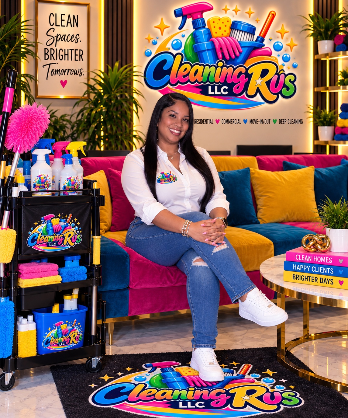 Cleaning R Us LLC owner in a white logo shirt and jeans, seated in a colorful branded cleaning studio